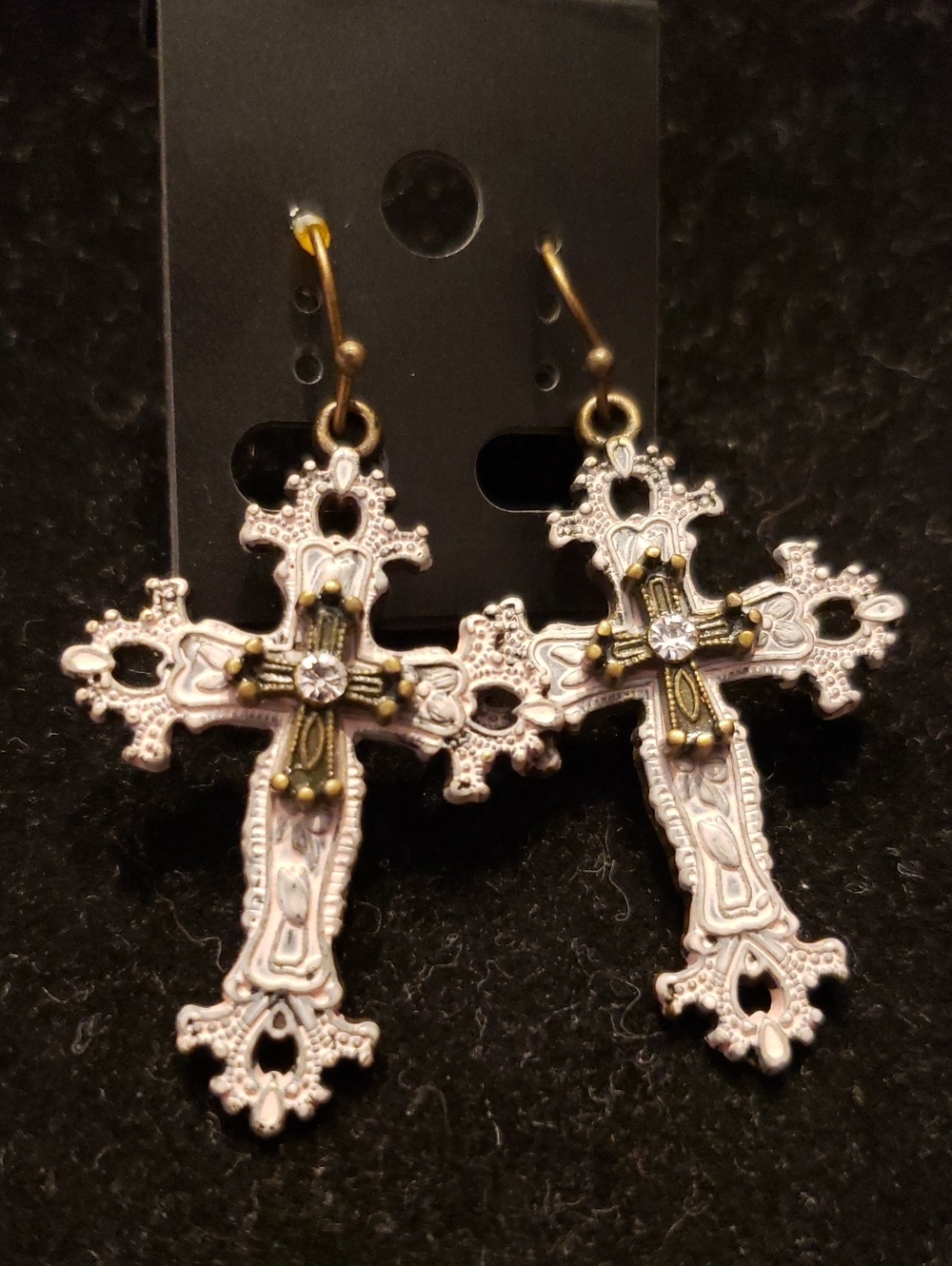 Gothic Cross Dangle Earrings W/rhinestone Center, French Wires, Intricate Design